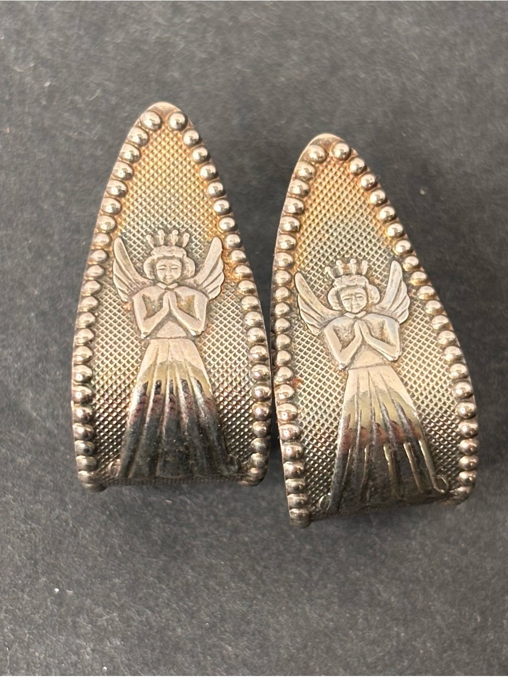 Vintage Chunky J-Hoop Earrings - Embossed Guardian Angel Motif Silver Tone